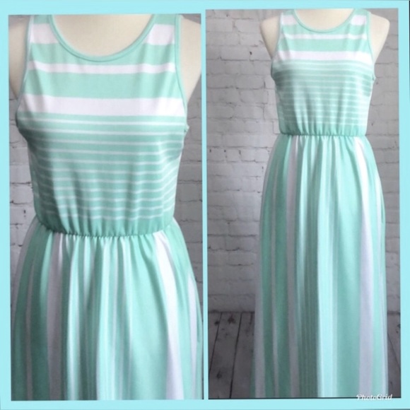 Maxi dress~ long mint green & white stripe sleeveless,pocketed maxi dress 🎉SALE - Picture 2 of 9